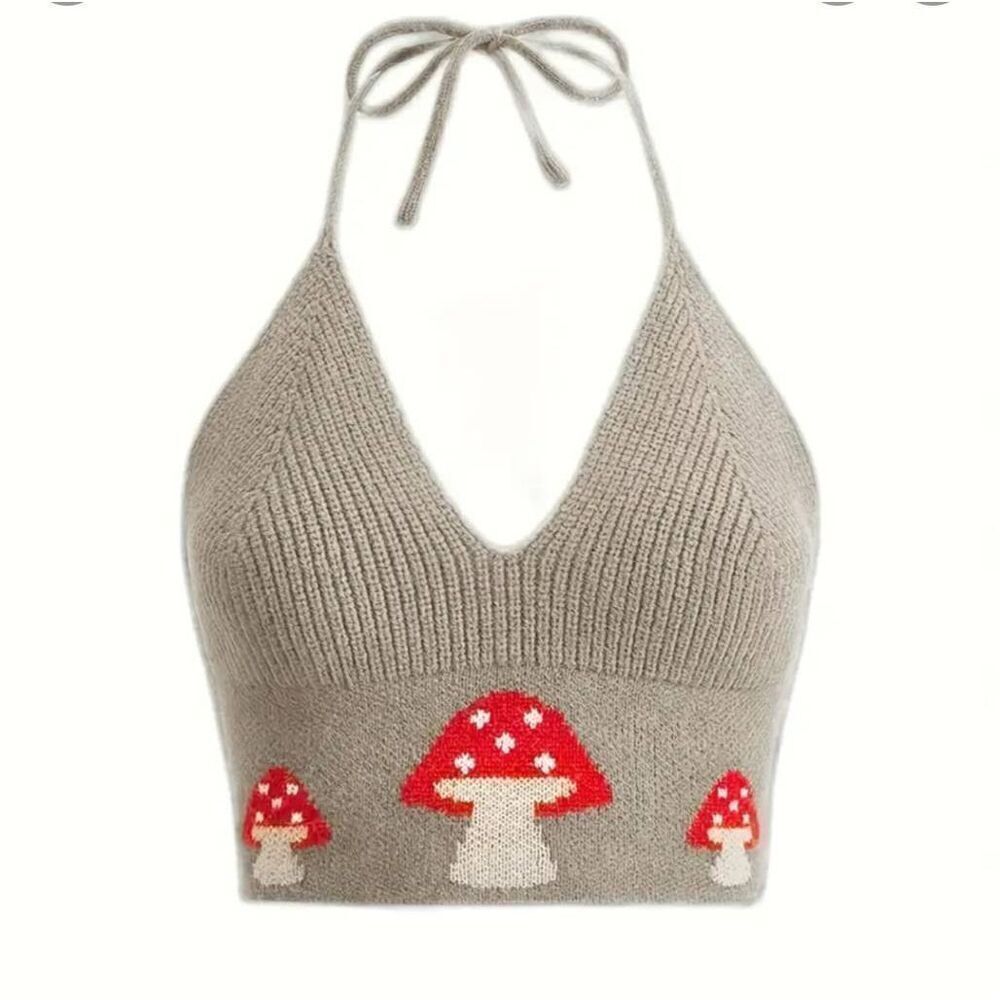 Knit halter, crop top green with mushrooms. New without tags